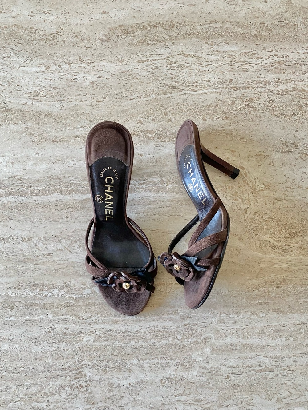 Vintage Chanel Camellia Gold CC Ribbon Sandal Heels